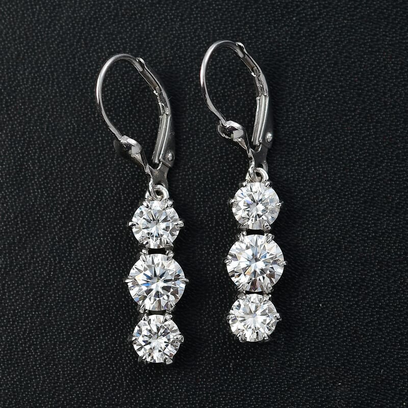 D'Joy Moissanite 3.35 ctw Lever Back Earrings in Rhodium Over Sterling Silver