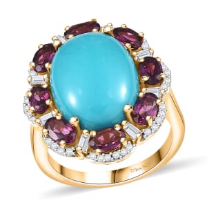 D'Joy Sleeping Beauty Turquoise and Multi Gemstone 10.40 ctw Floral Ring in 18K Vermeil YG Over Sterling Silver (Size 10.0)