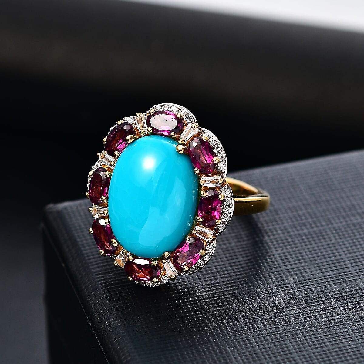 D'Joy Sleeping Beauty Turquoise and Multi Gemstone 10.40 ctw Floral Ring in 18K Vermeil YG Over Sterling Silver (Size 7.0) image number 1