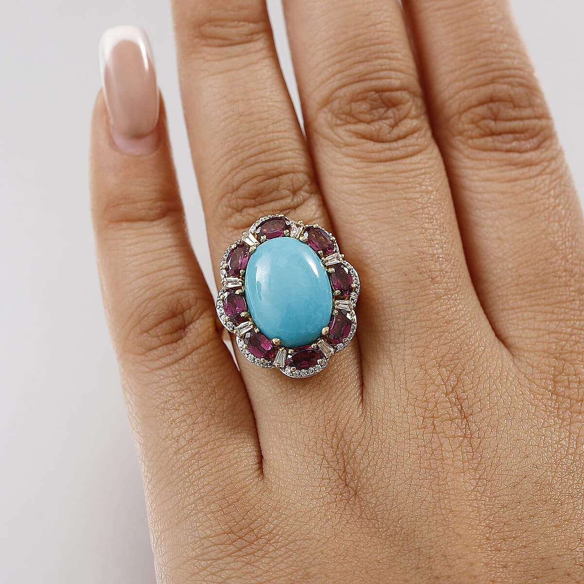 D'Joy Sleeping Beauty Turquoise and Multi Gemstone 10.40 ctw Floral Ring in 18K Vermeil YG Over Sterling Silver (Size 7.0) image number 2
