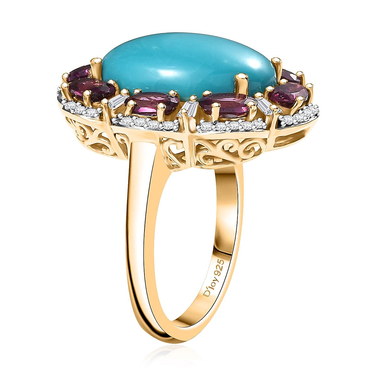 D'Joy Sleeping Beauty Turquoise and Multi Gemstone 10.40 ctw Floral Ring in 18K Vermeil YG Over Sterling Silver (Size 7.0) image number 3