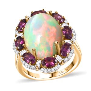 Ethiopian Welo Opal and Multi Gemstone 9.85 ctw Ring in 18K Vermeil Yellow Gold Over Sterling Silver (Size 10.0)