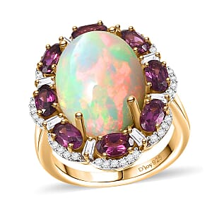 D'Joy Ethiopian Welo Opal and Multi Gemstone 9.85 ctw Ring in 18K Vermeil Yellow Gold Over Sterling Silver (Size 7.0)