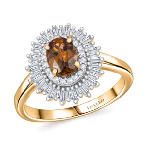 Luxoro 10K Yellow Gold Premium Golden Turkizite, White Diamond (I2) (0.43 cts) Sunburst Halo Ring (Size 5.0) 1.30 ctw