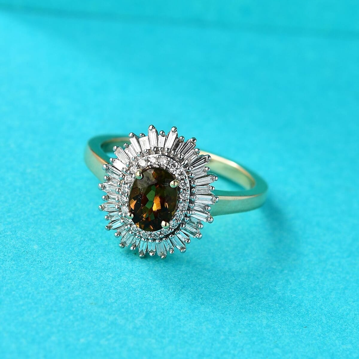 Luxoro 10K Yellow Gold Premium Golden Turkizite, White Diamond (I2) (0.43 cts) Sunburst Halo Ring (Size 5.0) 1.30 ctw image number 1