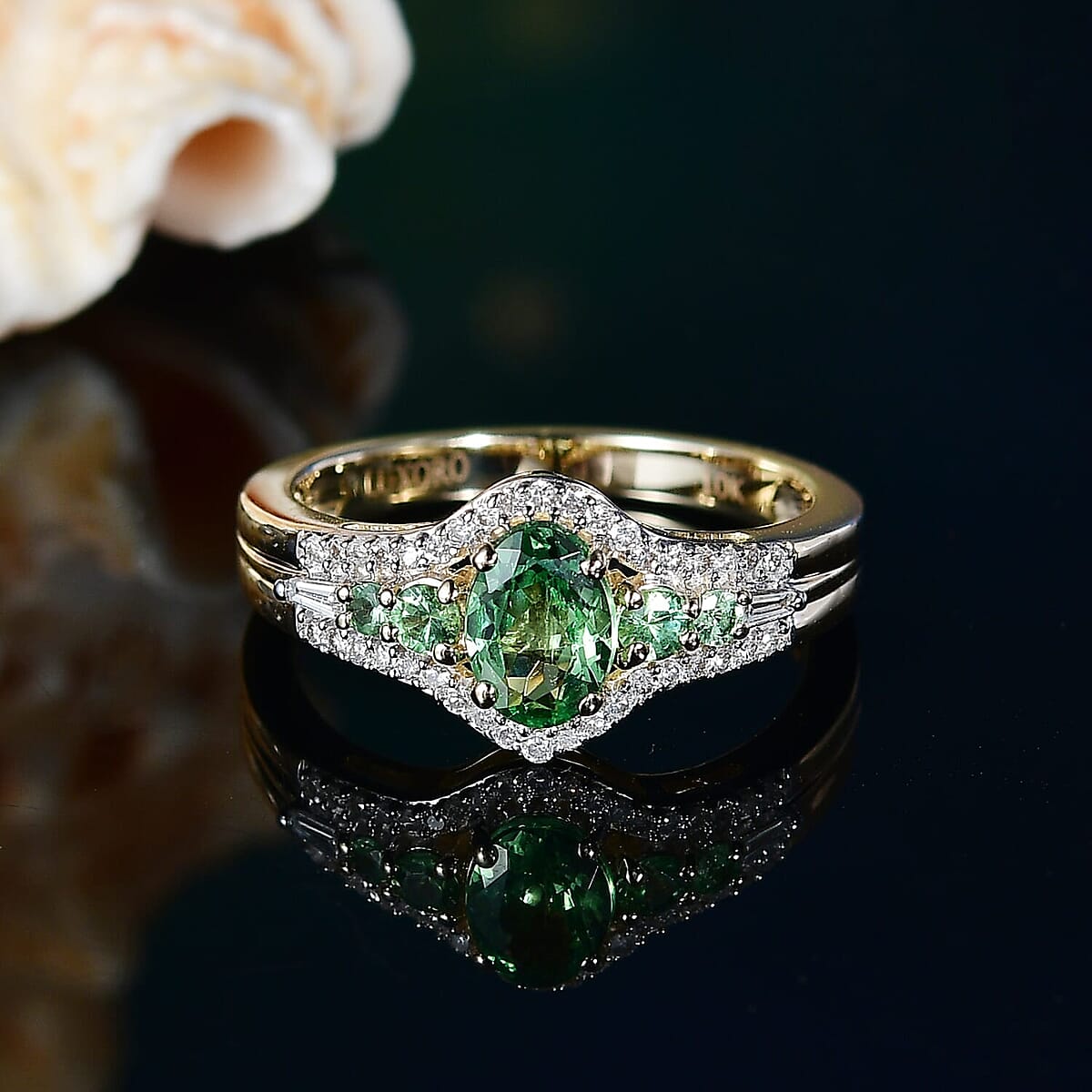 Luxoro 10K Yellow Gold Premium Tsavorite Garnet, Diamond (I2) Ring (Size 5.5) 1.25 ctw image number 1