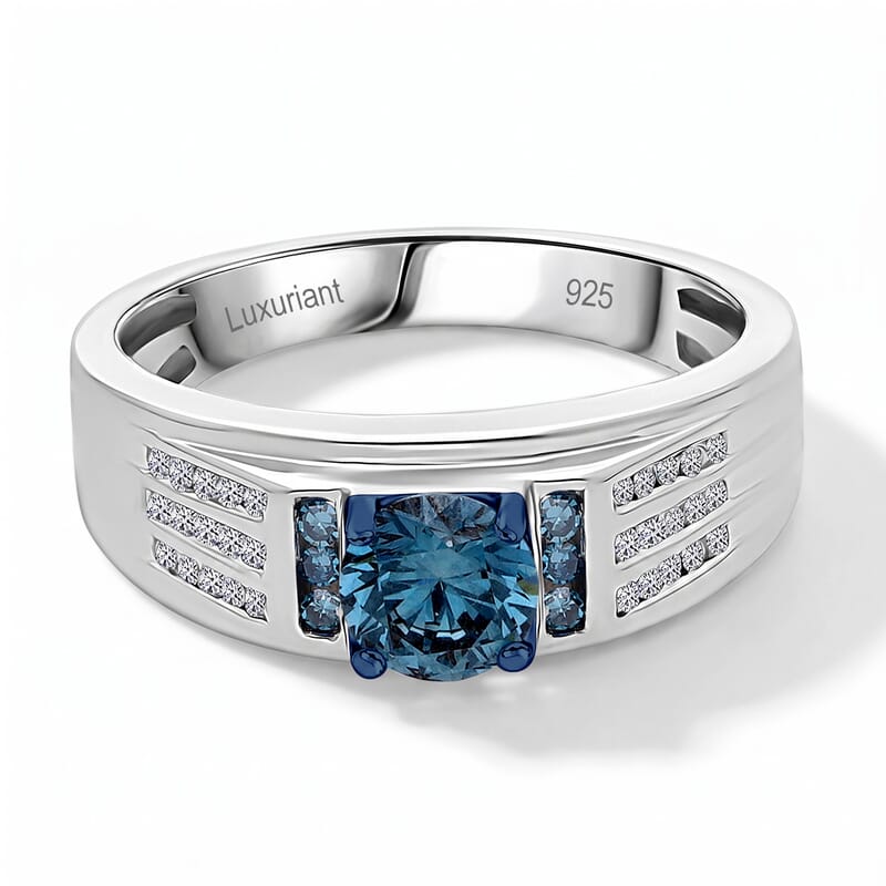 Luxuriant Lab Grown Blue Diamond (IR) and Lab Grown Diamond SI 1.00 ctw Men's Ring in Rhodium Over Sterling Silver (Size 10.0)