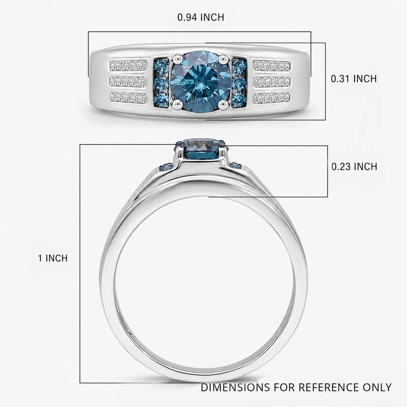 Luxuriant Lab Grown Blue Diamond (IR) and Lab Grown Diamond SI 1.00 ctw Men's Ring in Rhodium Over Sterling Silver (Size 10.0)