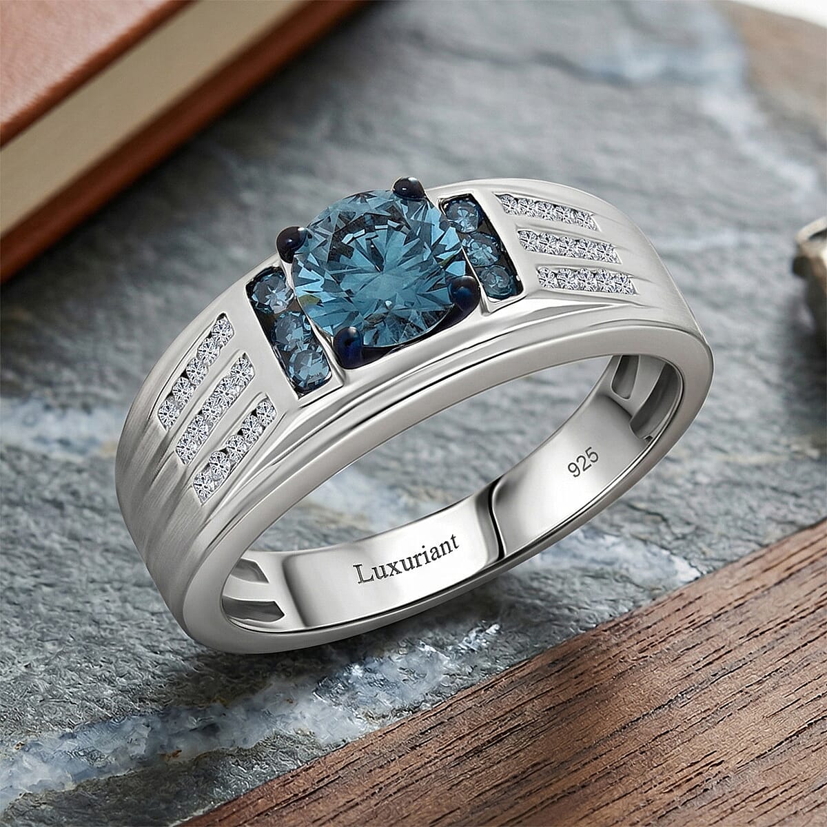 Luxuriant Lab Grown Blue and White Diamond SI 1.00 ctw Mens Ring in Rhodium Over Sterling Silver (Size 12.0) (Del. In 13-15 Days) image number 1