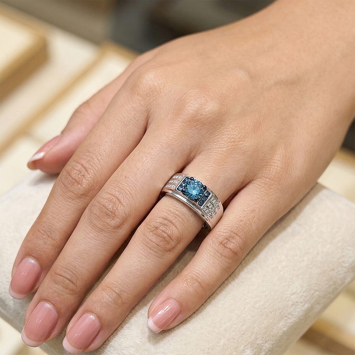 Luxuriant Lab Grown Blue and White Diamond SI 1.00 ctw Mens Ring in Rhodium Over Sterling Silver (Size 12.0) (Del. In 13-15 Days) image number 2