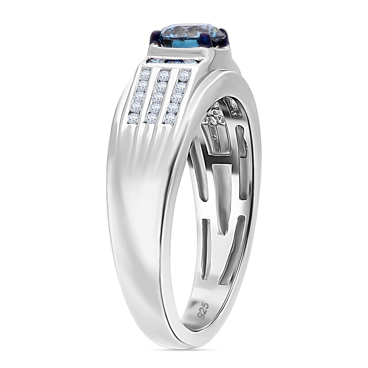 Luxuriant Lab Grown Blue and White Diamond SI 1.00 ctw Mens Ring in Rhodium Over Sterling Silver (Size 13.0) (Del. In 13-15 Days) image number 3