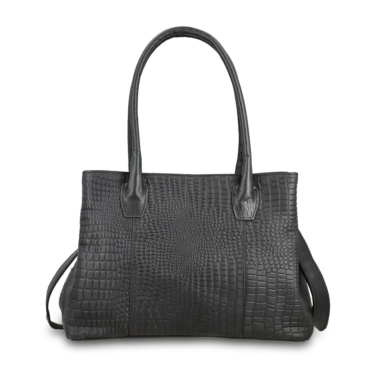 Black Genuine Leather Croco Embossed Shoulder Bag with Adjustable Shoulder Strap image number 0