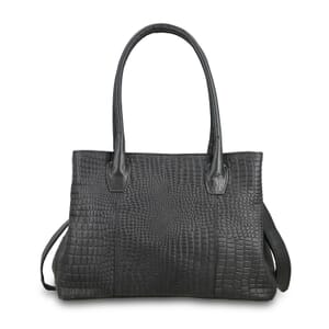 Black Genuine Leather Croco Embossed Shoulder Bag with Adjustable Shoulder Strap