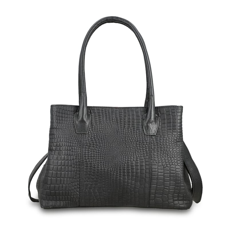 Black Genuine Leather Croco Embossed Shoulder Bag with Adjustable Shoulder Strap