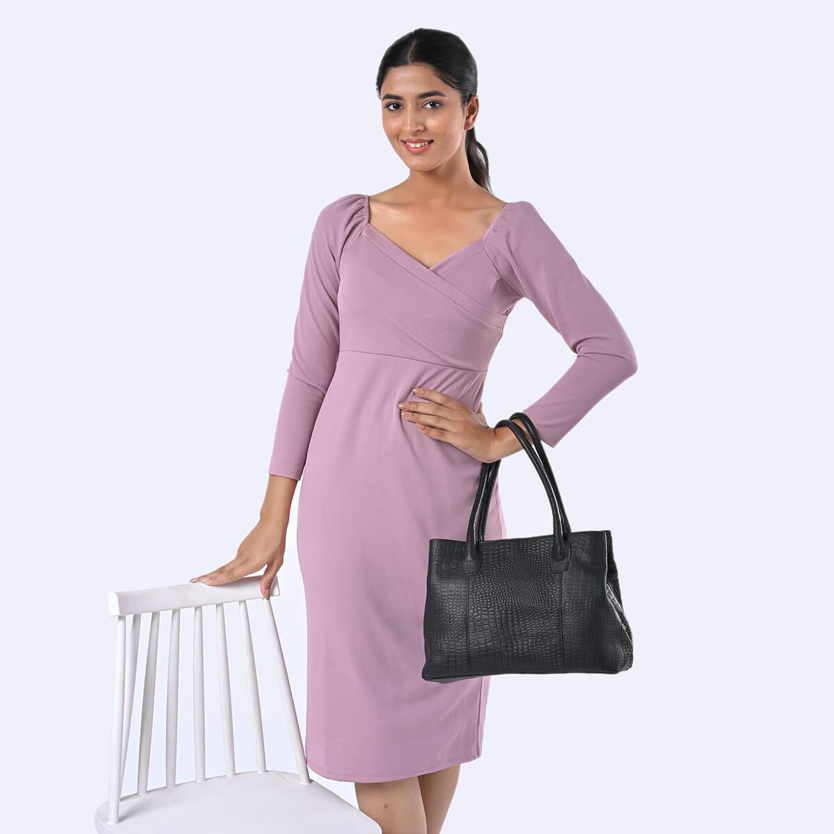 Black Genuine Leather Croco Embossed Shoulder Bag with Adjustable Shoulder Strap image number 2