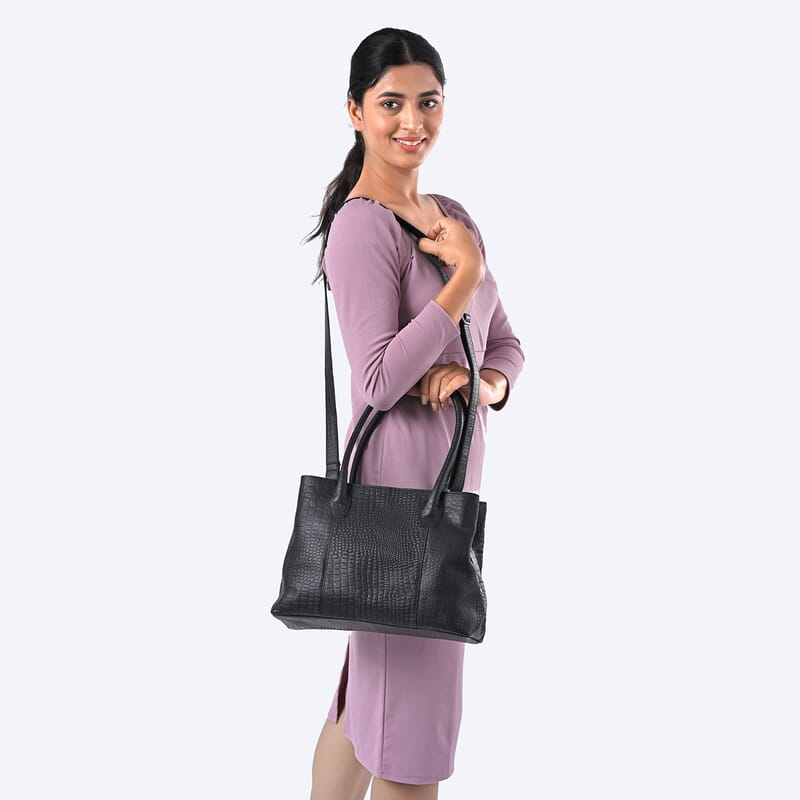 Black Genuine Leather Croco Embossed Shoulder Bag with Adjustable Shoulder Strap