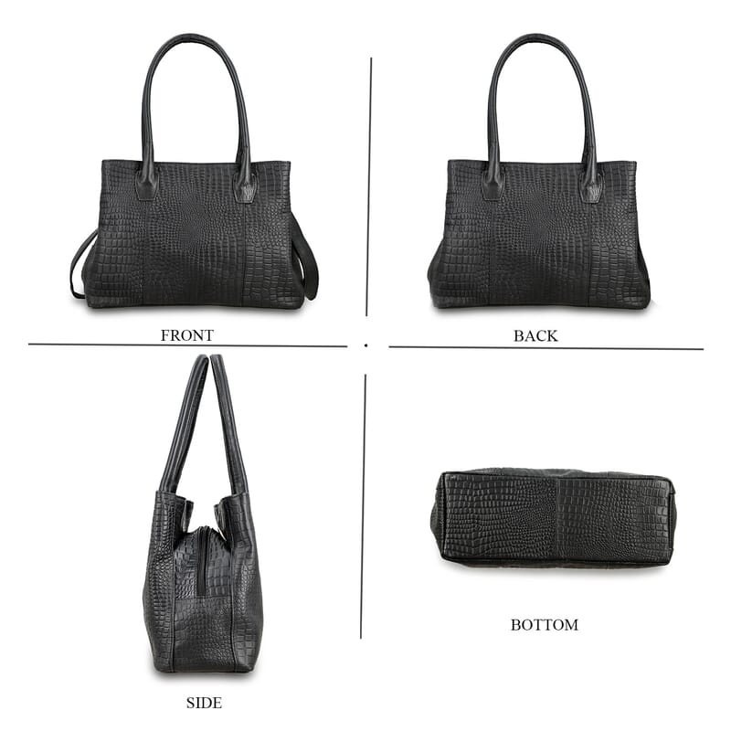 Black Genuine Leather Croco Embossed Shoulder Bag with Adjustable Shoulder Strap