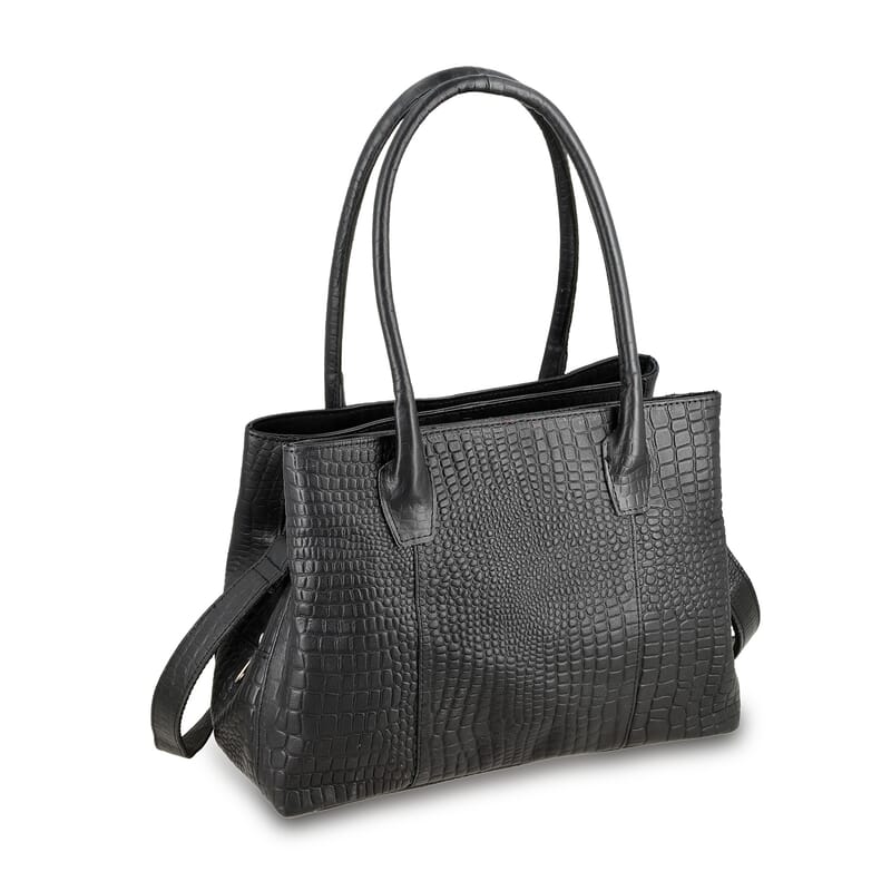 Black Genuine Leather Croco Embossed Shoulder Bag with Adjustable Shoulder Strap