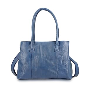 Navy Genuine Leather Croco Embossed Shoulder Bag with Adjustable Shoulder Strap
