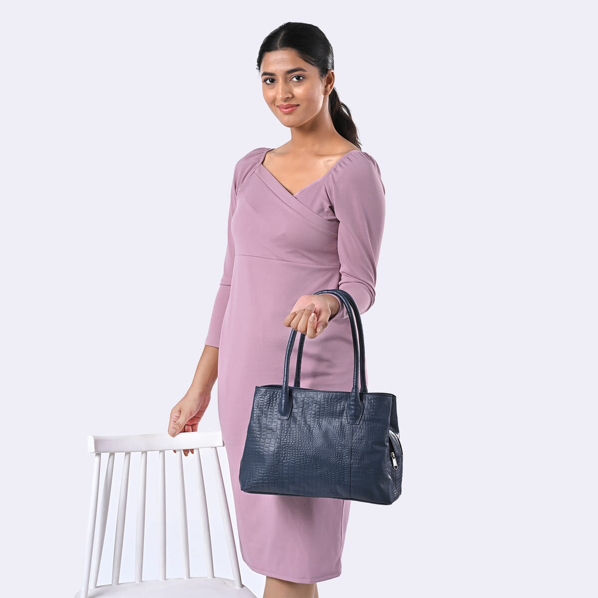 Navy Genuine Leather Croco Embossed Shoulder Bag with Adjustable Shoulder Strap image number 1