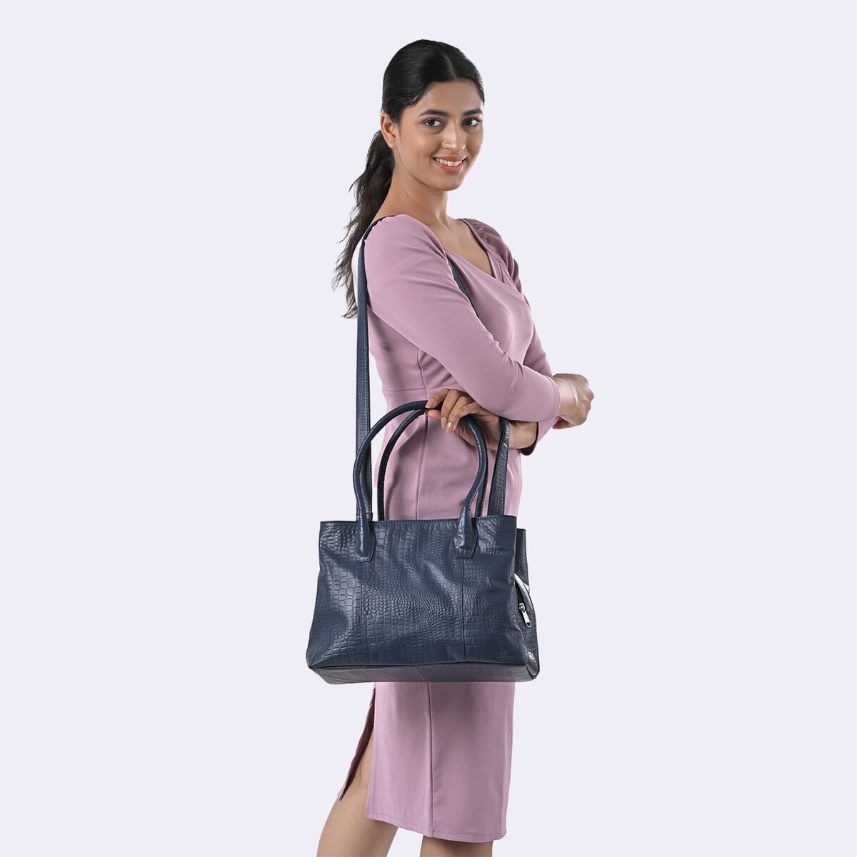 Navy Genuine Leather Croco Embossed Shoulder Bag with Adjustable Shoulder Strap image number 2