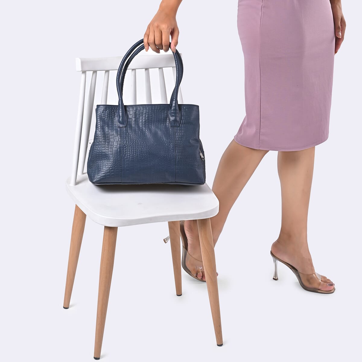 Navy Genuine Leather Croco Embossed Shoulder Bag with Adjustable Shoulder Strap image number 3