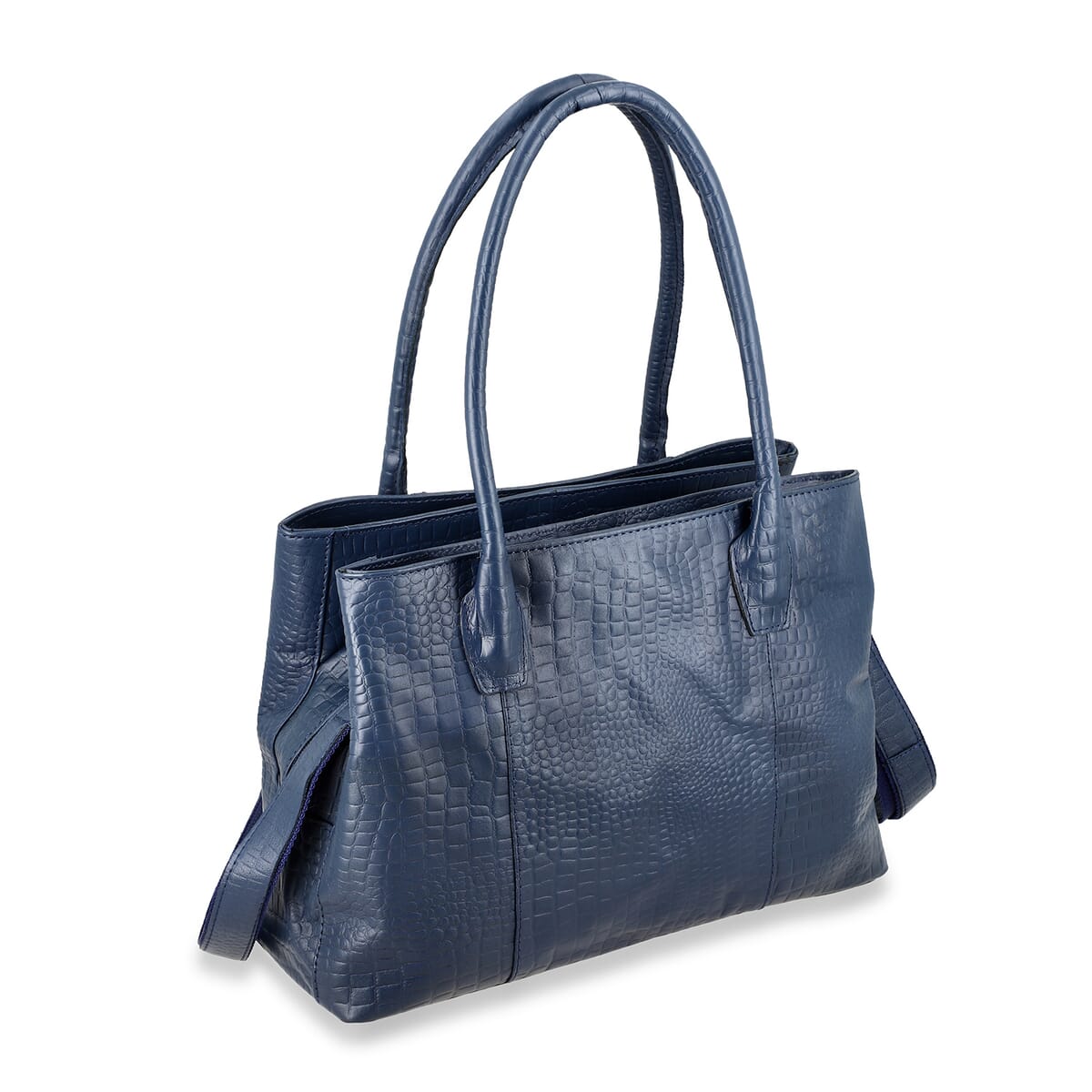 Navy Genuine Leather Croco Embossed Shoulder Bag with Adjustable Shoulder Strap image number 7