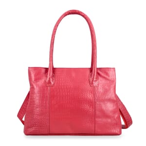 Red Genuine Leather Croco Embossed Shoulder Bag with Adjustable Shoulder Strap