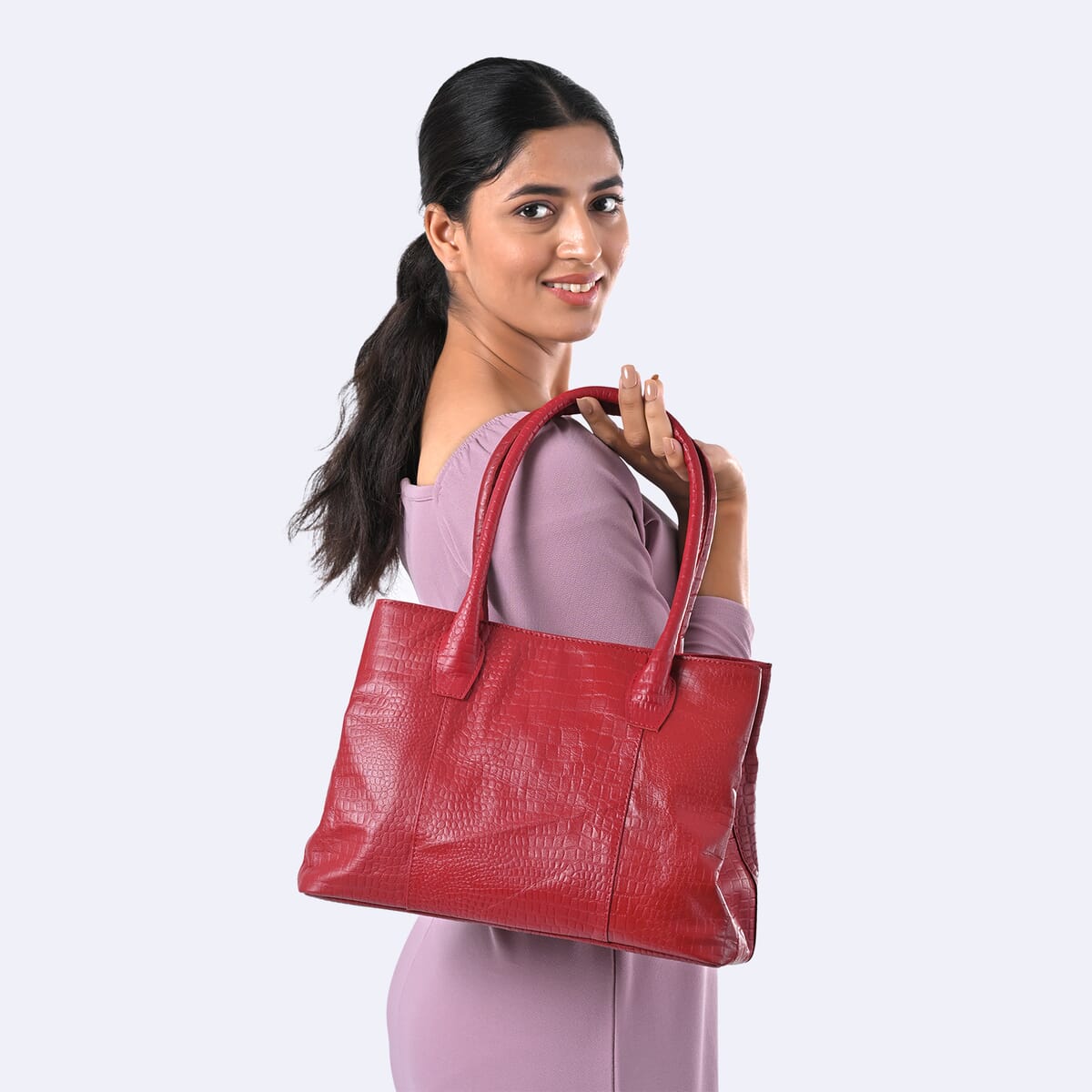 Red Genuine Leather Croco Embossed Shoulder Bag with Adjustable Shoulder Strap image number 2