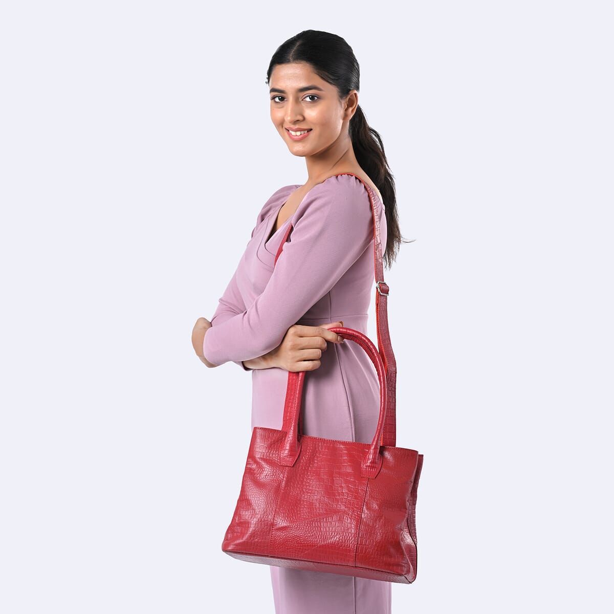 Red Genuine Leather Croco Embossed Shoulder Bag with Adjustable Shoulder Strap image number 3