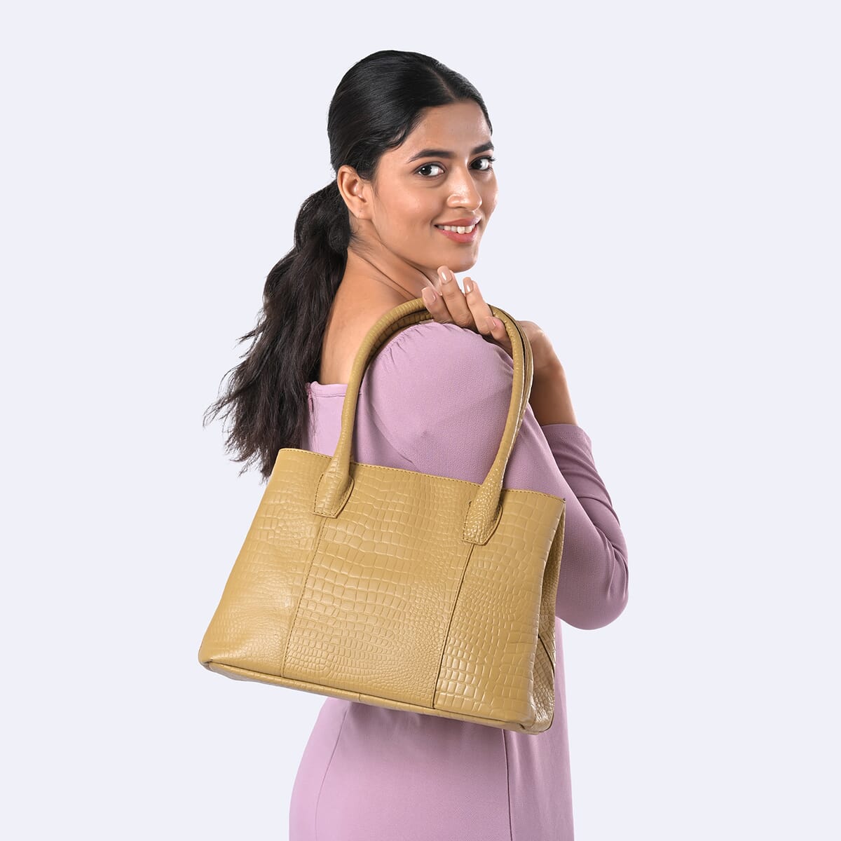 Tan Genuine Leather Croco Embossed Shoulder Bag with Adjustable Shoulder Strap image number 2