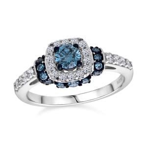 Luxuriant Lab Grown Blue and White Diamond SI 1.00 ctw Ocean Mirage Ring in Rhodium Over Sterling Silver (Size 10.0)