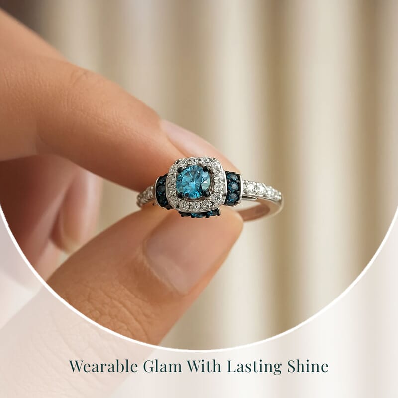 Luxuriant Lab Grown Blue and White Diamond SI 1.00 ctw Ocean Mirage Ring in Rhodium Over Sterling Silver (Size 10.0)