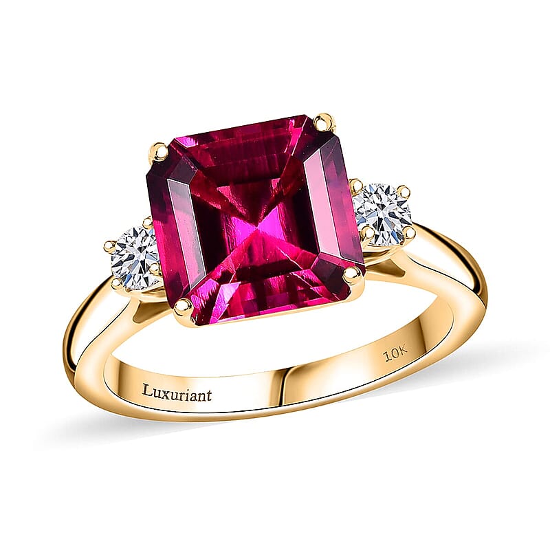 Certified & Appraised Asscher Cut AAA Luxuriant Bixbite (LG) and Lab Grown Diamond E-F VS 3.25 ctw Ring in 10K Yellow Gold (Size 10.0)