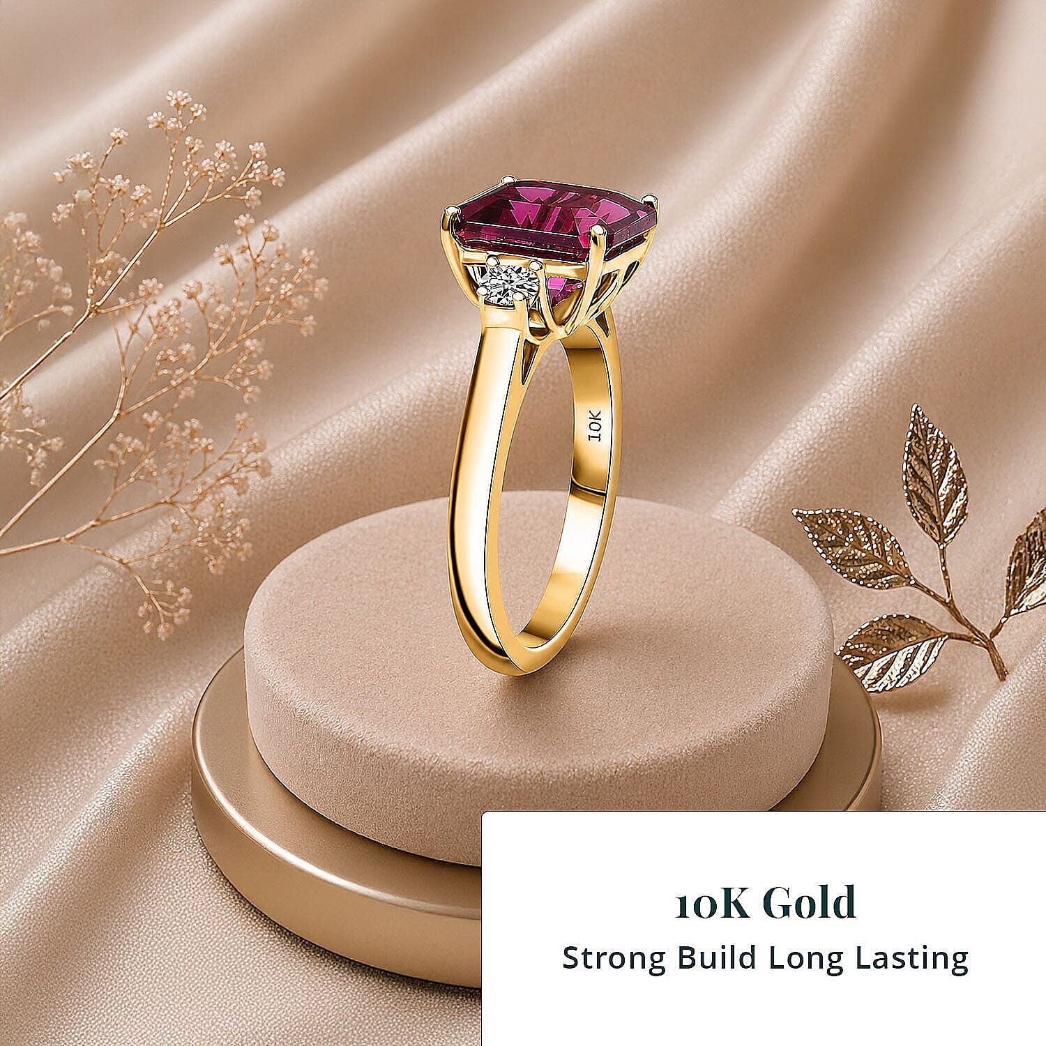 Certified & Appraised Asscher Cut AAA Luxuriant Bixbite (LG) and Lab Grown Diamond E-F VS 3.25 ctw Ring in 10K Yellow Gold (Size 10.0)