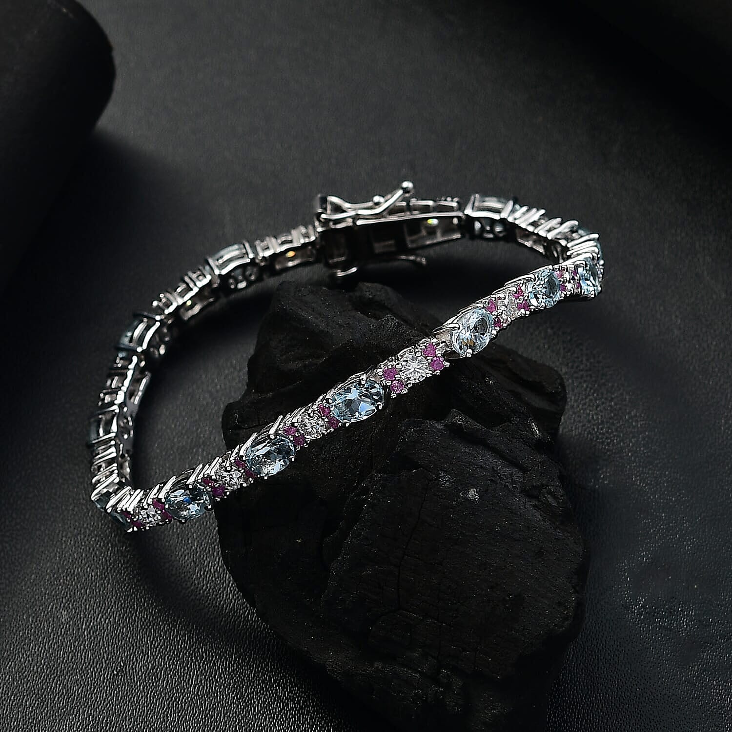 Premium Mangoro Aquamarine and Multi Gemstone 7.80 ctw Celestial Serenade Bracelet in Rhodium Over Sterling Silver (7.25 In)