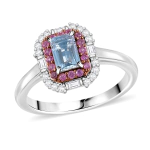 Premium Mangoro Aquamarine and Multi Gemstone 1.00 ctw Ocean Serenade Ring in 18K Vermeil RG and Rhodium Over Sterling Silver (Size 10.0)