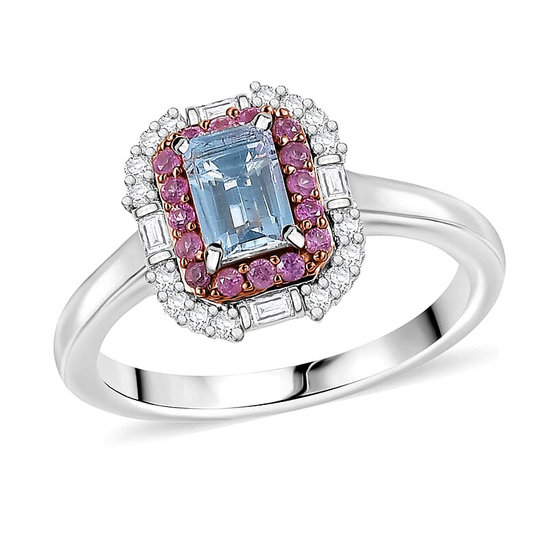 D'Joy Premium Mangoro Aquamarine and Multi Gemstone 1.00 ctw Ocean Serenade Ring in 18K Vermeil RG and Rhodium Over Sterling Silver (Size 10.0)