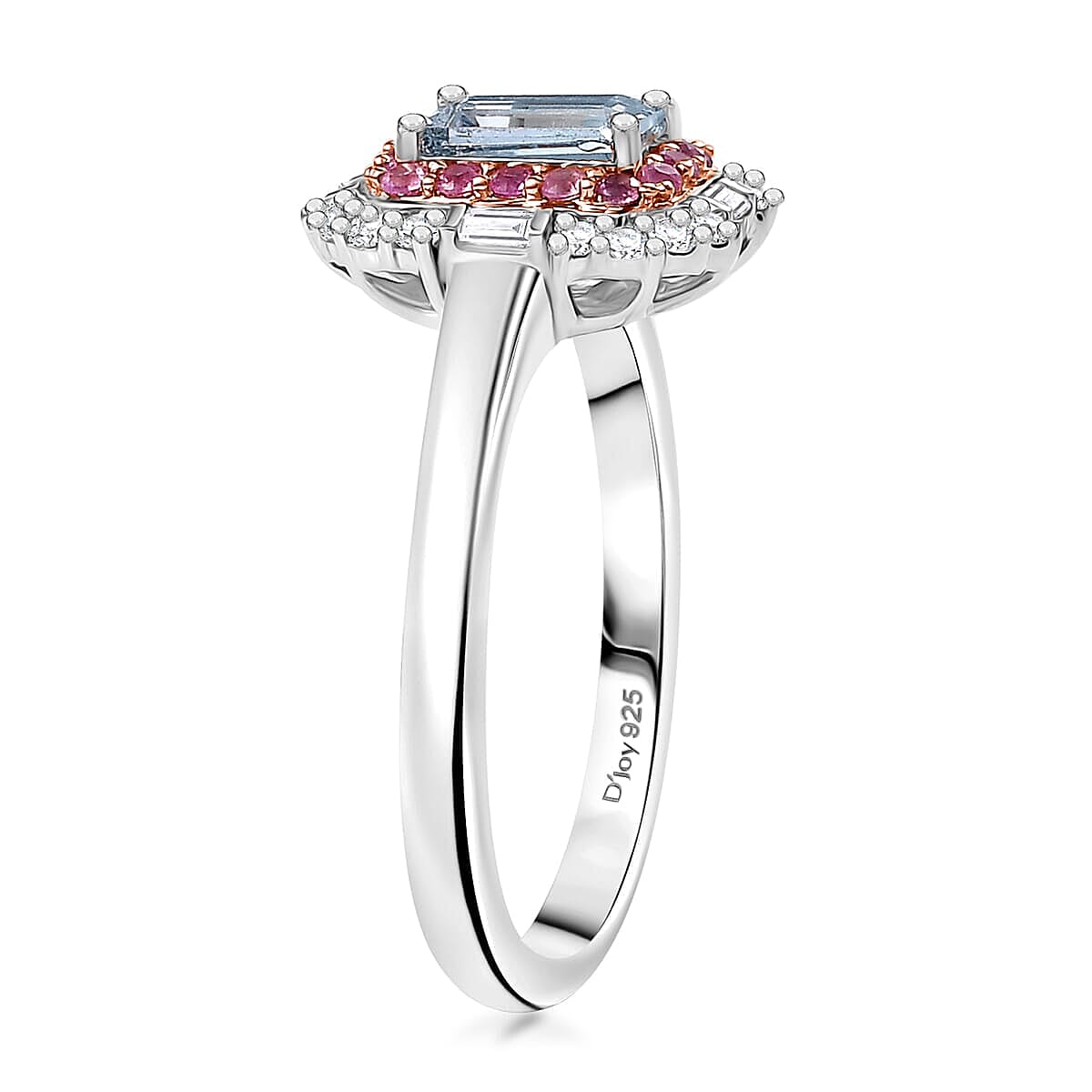 D'Joy Premium Mangoro Aquamarine and Multi Gemstone 1.00 ctw Ocean Serenade Ring in 18K Vermeil RG and Rhodium Over Sterling Silver (Size 10.0)