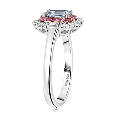 D'Joy Premium Mangoro Aquamarine and Multi Gemstone 1.00 ctw Ocean Serenade Ring in 18K Vermeil RG and Rhodium Over Sterling Silver (Size 10.0)