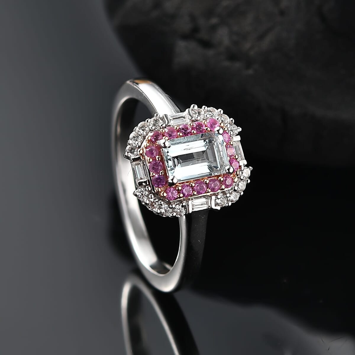D'Joy Premium Mangoro Aquamarine and Multi Gemstone 1.00 ctw Ocean Serenade Ring in 18K Vermeil RG and Rhodium Over Sterling Silver (Size 7.0) image number 1