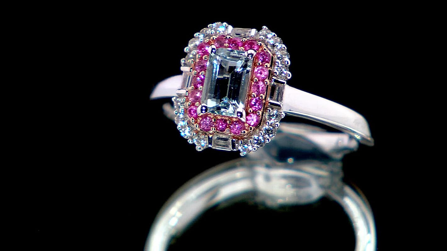 Premium Mangoro Aquamarine and Multi Gemstone 1.00 ctw Ocean Serenade Ring in 18K Vermeil RG and Rhodium Over Sterling Silver
