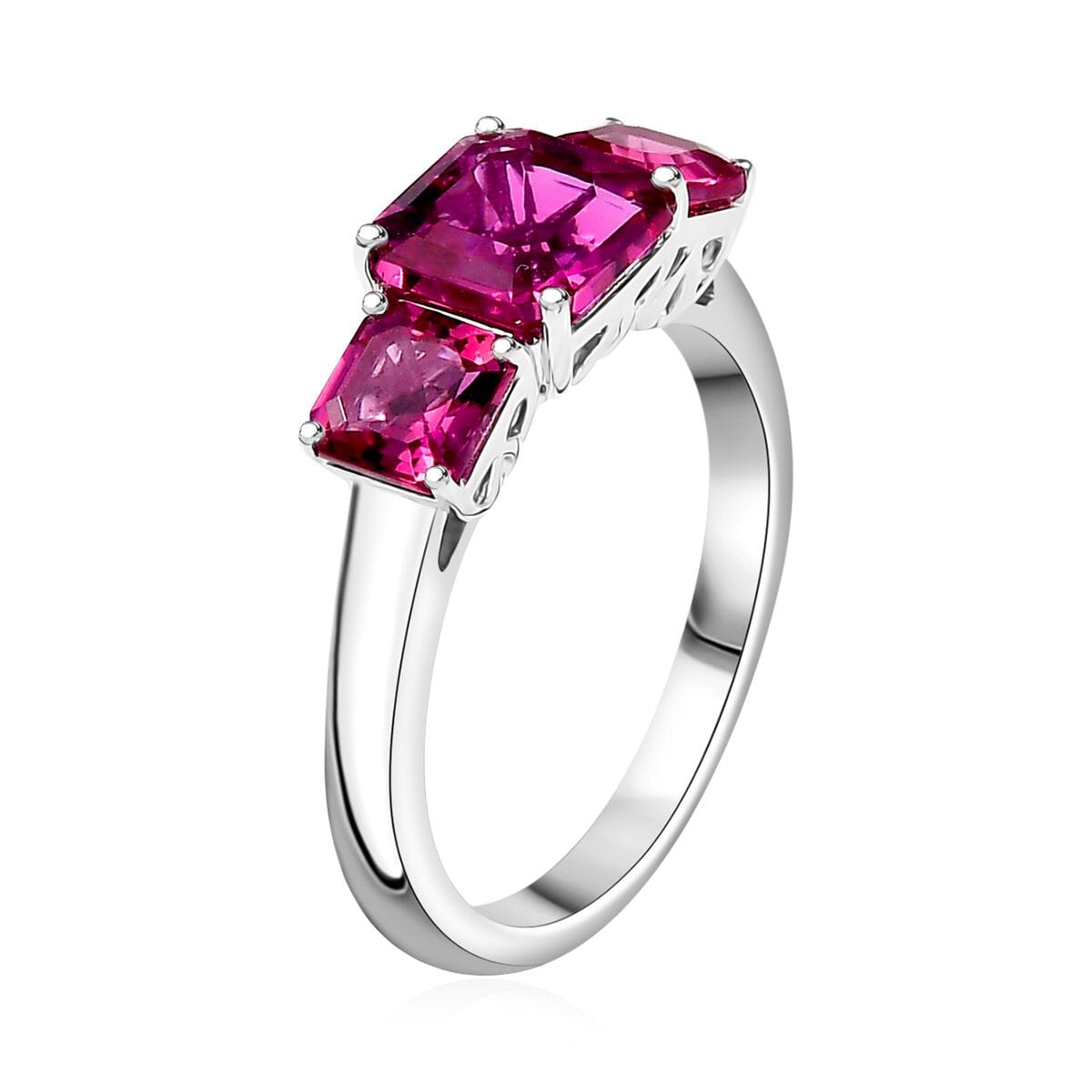 Certified & Appraised Asscher Cut AAA Luxuriant Bixbite (LG) 2.60 ctw 3 Stone Ring in 10K White Gold (Size 10.0) (Del. in 10-15 Days) image number 3