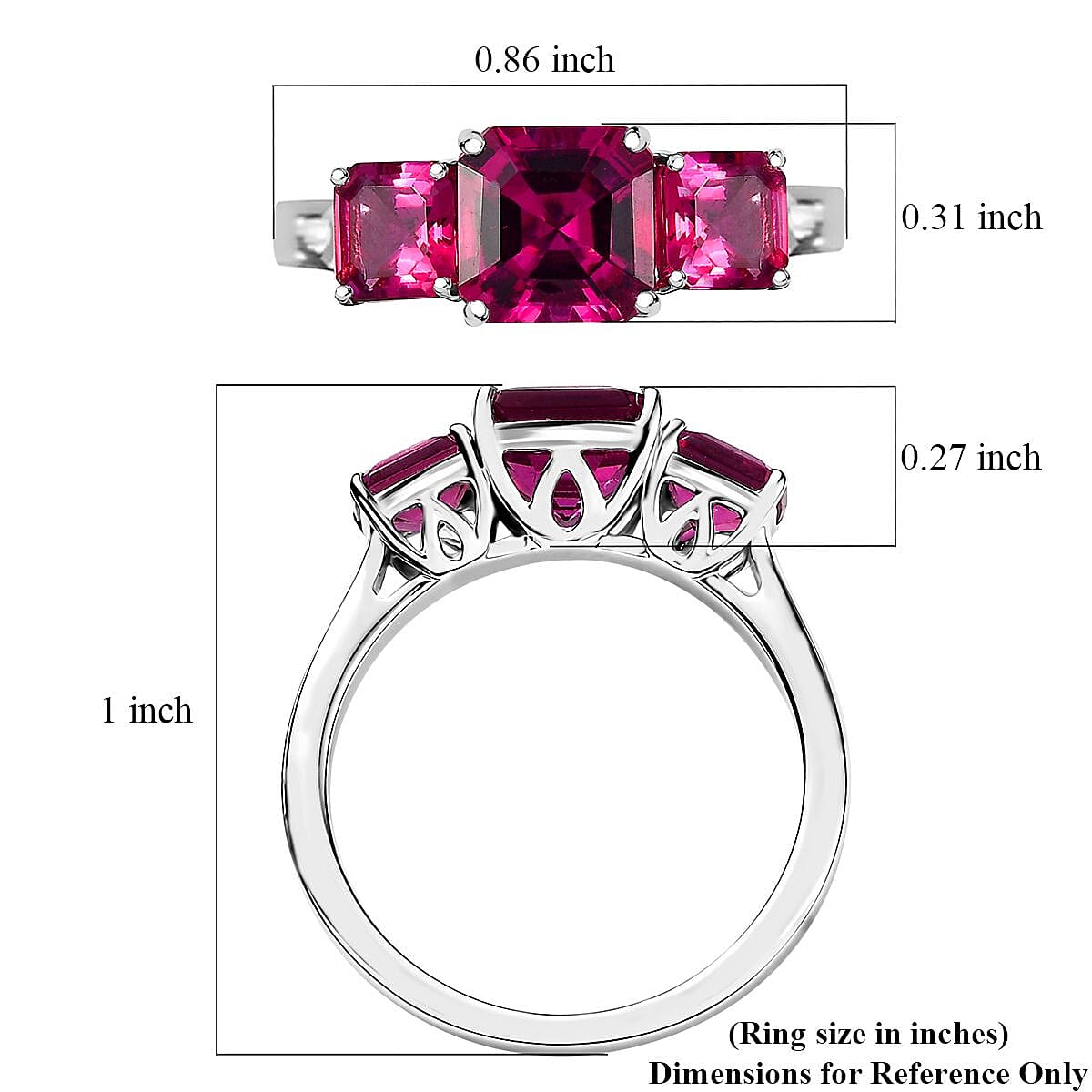 Certified & Appraised Asscher Cut AAA Luxuriant Bixbite (LG) 6.0) 2.60 ctw 3 Stone Ring in 10K White Gold (Size 6.0) image number 5