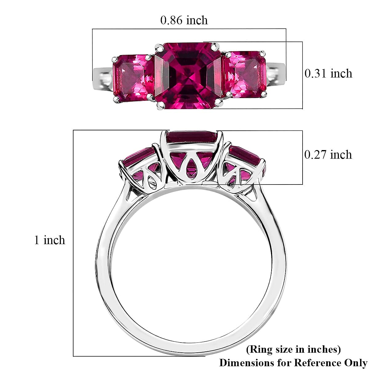 Certified & Appraised Asscher Cut AAA Luxuriant Bixbite (LG) 7.5) 2.60 ctw 3 Stone Ring in 10K White Gold (Size 6.0) image number 5