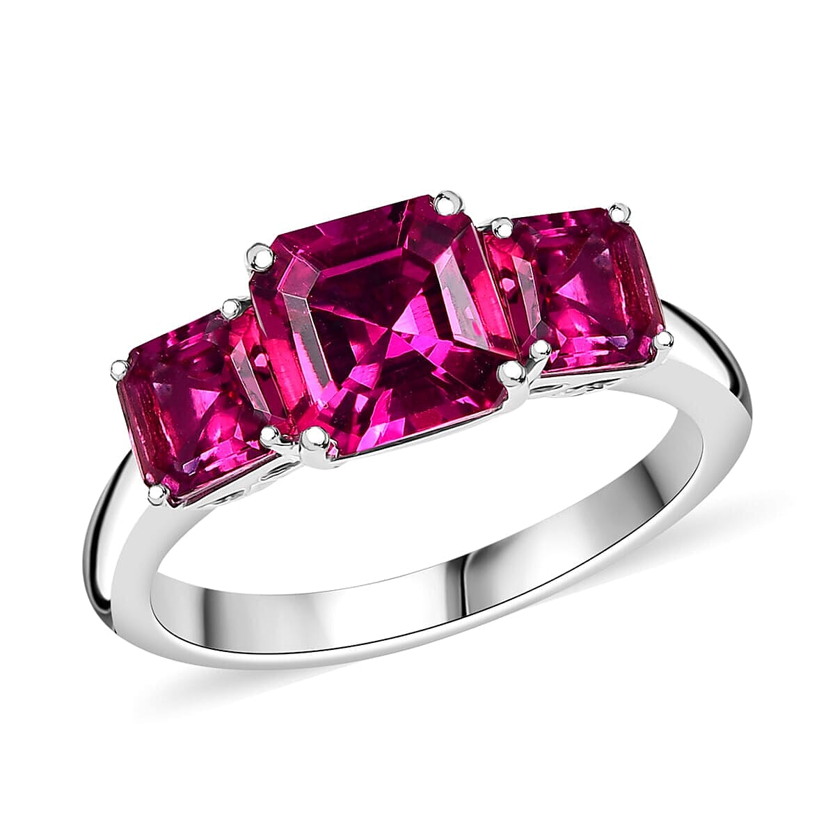 Certified & Appraised Asscher Cut AAA Luxuriant Bixbite (LG) 8.5) 2.60 ctw 3 Stone Ring in 10K White Gold (Size 6.0) image number 0