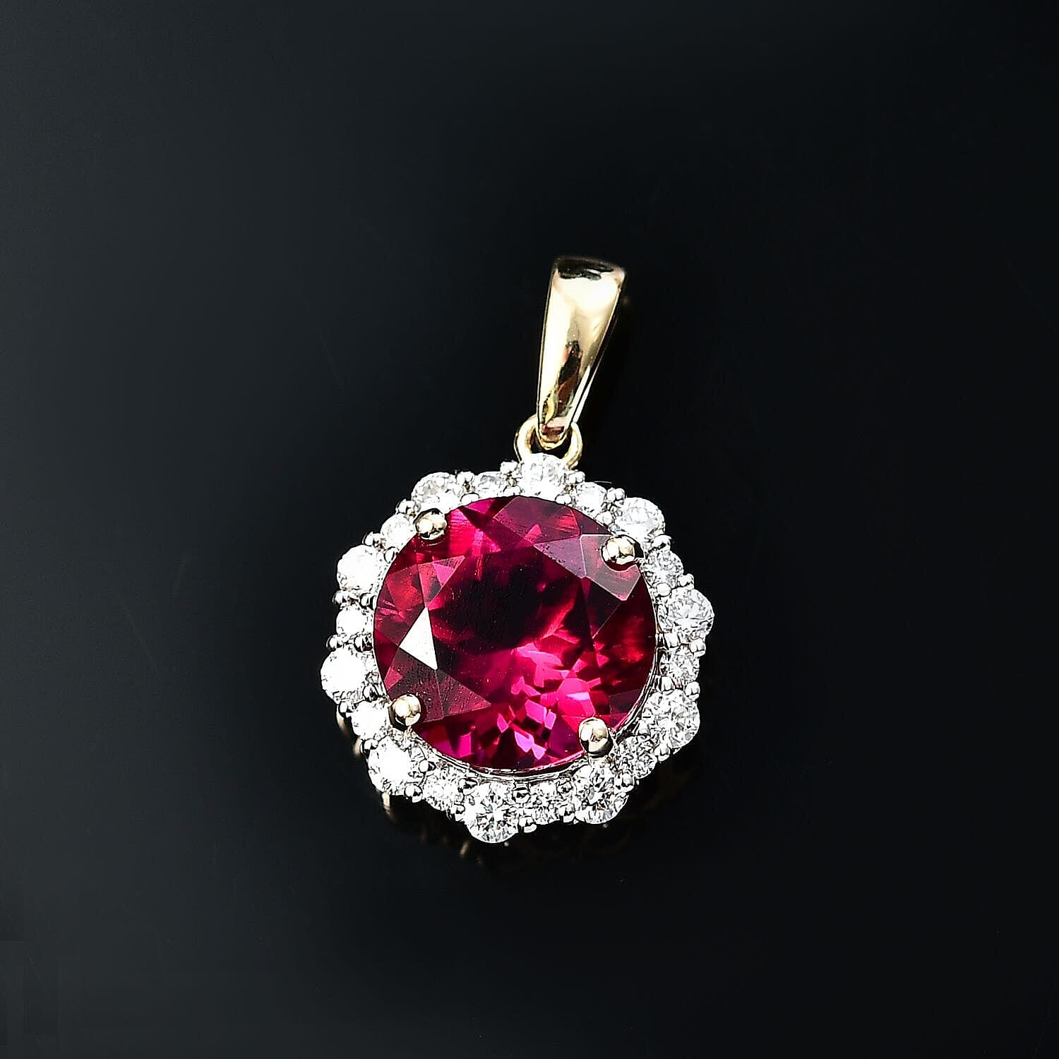 Certified & Appraised 10K Yellow Gold AAA Luxuriant Bixbite (LG), Lab Grown Diamond (E-F, VS) (0.48 cts) Pendant Necklace (18 Inches) 3.51 ctw