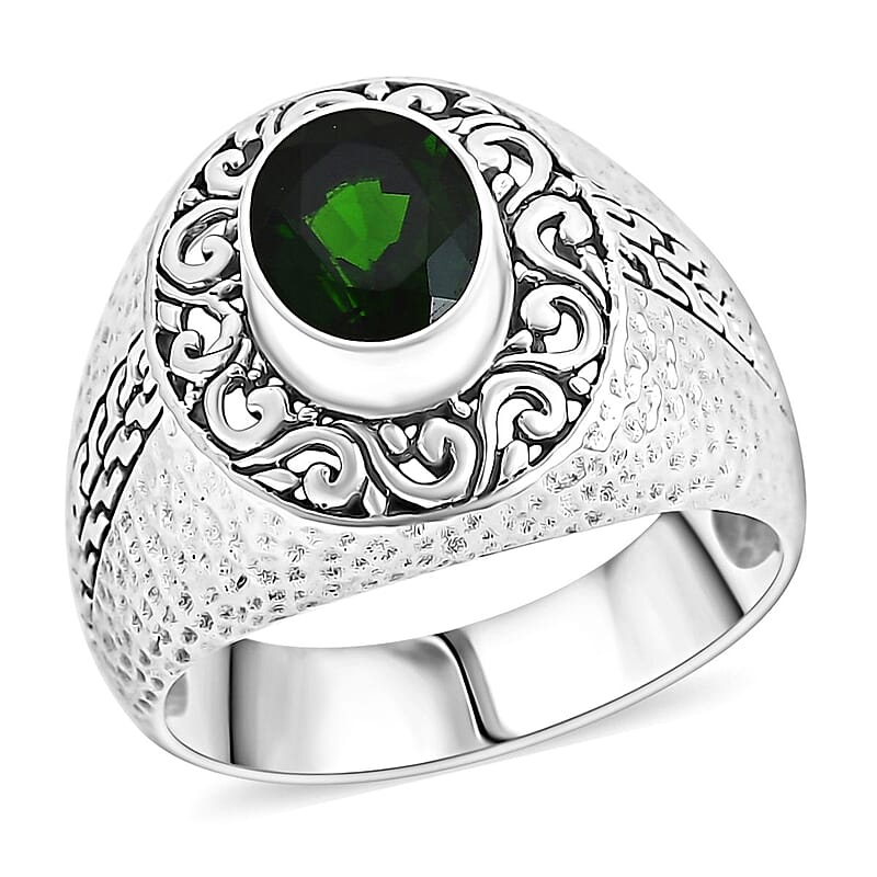 Bali Legacy Chrome Diopside 1.90 ctw Hammer with Tulang Naga Texture Ring in Sterling Silver (Size 10.0) 