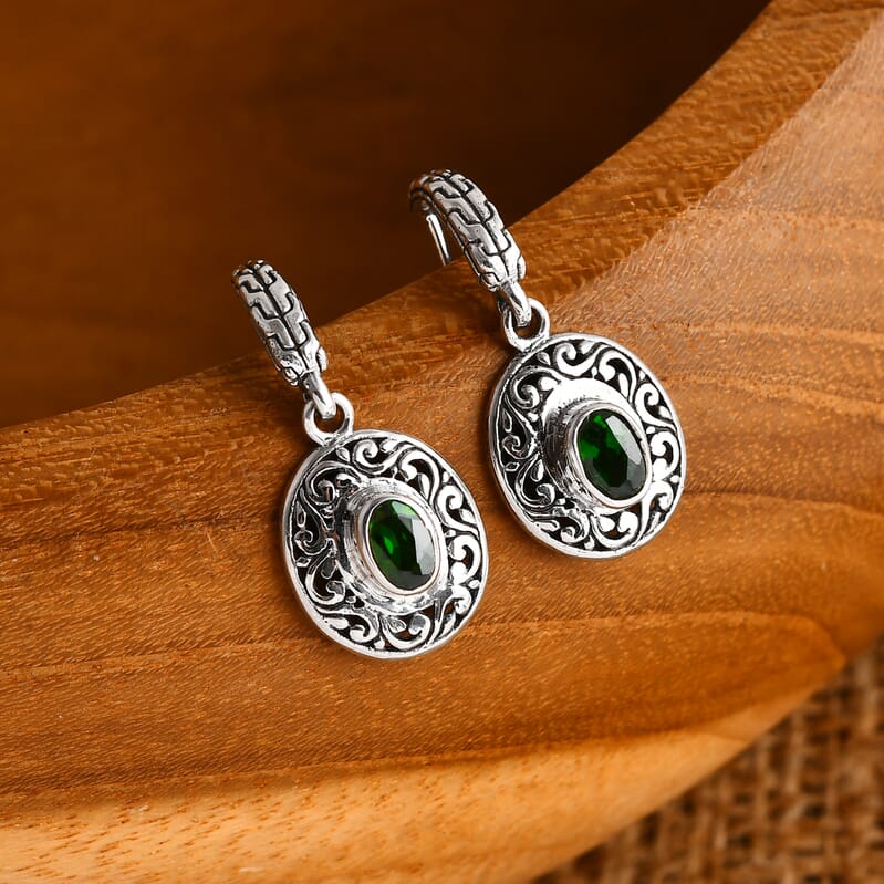 Bali Legacy Chrome Diopside 1.00 ctw Tulang Naga Texture Earrings in Sterling Silver 