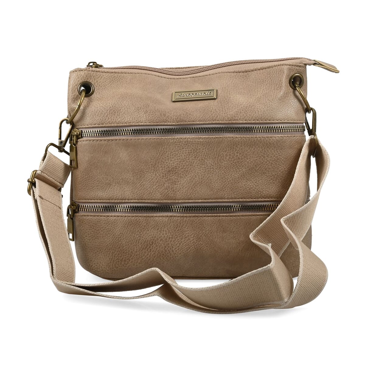 Aeropostale Taupe Faux Leather Crossbody Bag with Adjustable Shoulder Strap image number 0